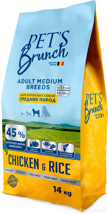 Корм сухой для взрослых собак средних пород "PET'S BRUNCH ADULT MEDIUM BREEDS", 14 кг
