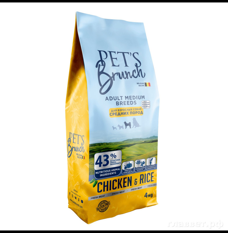 Корм сухой для взрослых собак средних пород "PET'S BRUNCH ADULT MEDIUM BREEDS", 15 кг