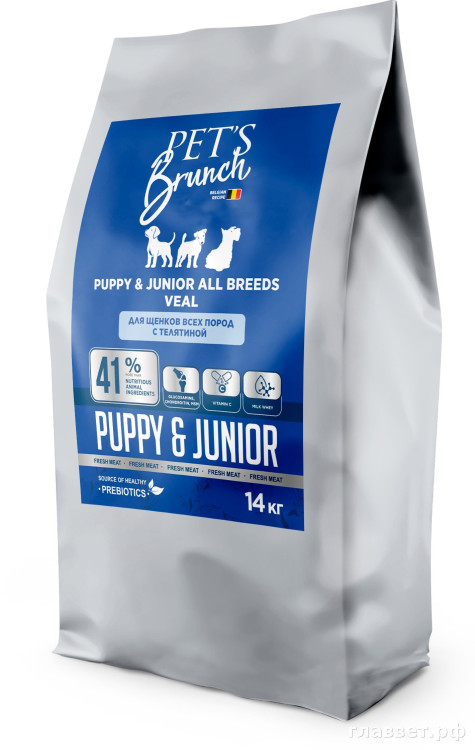 Корм сухой для щенков всех пород, с телятиной «PET’S BRUNCH JUNIOR, VEAL», 14 кг