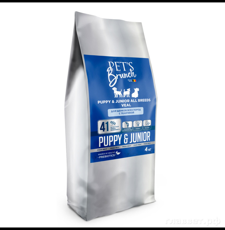 Корм сухой для щенков всех пород, с телятиной «PET’S BRUNCH JUNIOR, VEAL», 15 кг