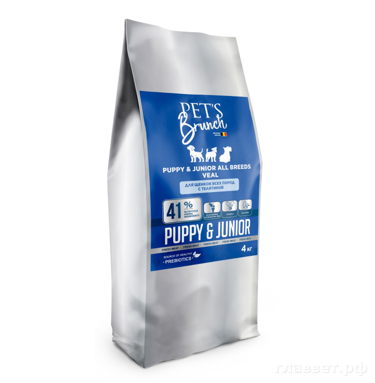 Корм сухой для щенков всех пород, с телятиной «PET’S BRUNCH JUNIOR, VEAL», 15 кг