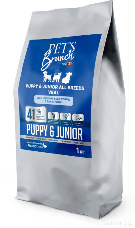 Корм сухой для щенков всех пород, с телятиной «PET’S BRUNCH JUNIOR, VEAL», 1 кг