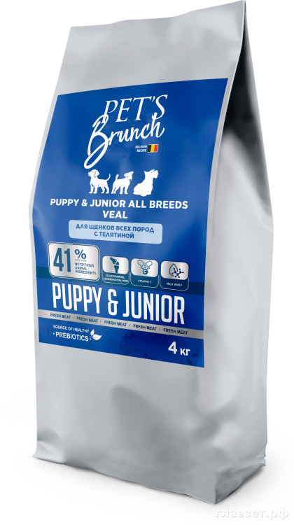 Корм сухой для щенков всех пород, с телятиной «PET’S BRUNCH JUNIOR, VEAL», 4 кг