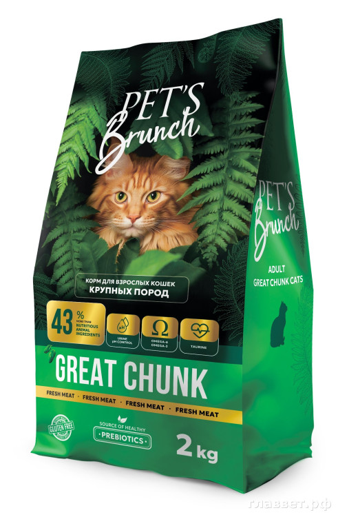 Корм сухой для взрослых кошек и котов, с говядиной «PET’S BRUNCH GREAT CHUNK, BEEF», 2 кг