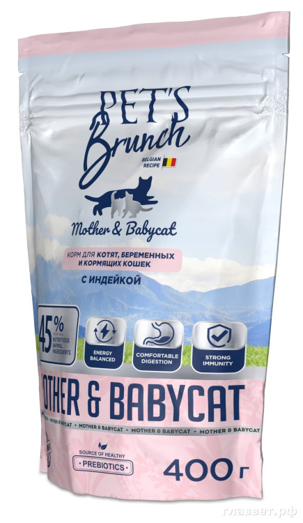 Корм сухой для котят, беременных и кормящих кошек, с индейкой «PET’S BRUNCH MOTHER & BABYCAT, TURKEY», 0,4 кг