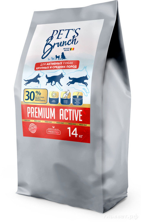 Корм сухой для активных собак крупных и средних пород «PET'S BRUNCH PREMIUM ACTIVE», 14 кг